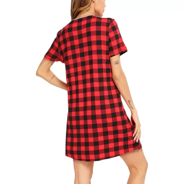 SWOMOG Womens Button Down Nightgown Short Sleeve Nightshirt VNeck Sleepwear Boyfriend Sleepshirt Pajama DressRblack Red Plaid