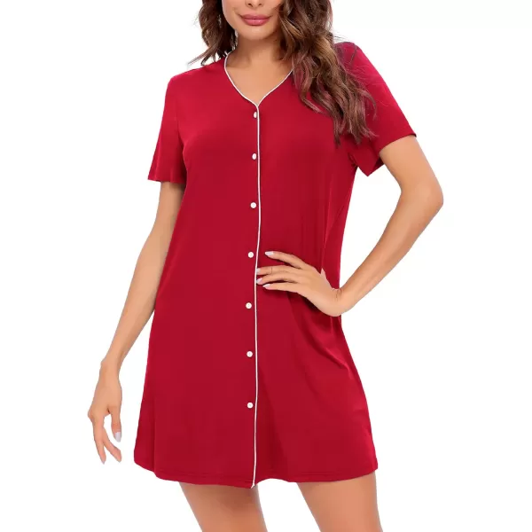 SWOMOG Womens Button Down Nightgown Short Sleeve Nightshirt VNeck Sleepwear Boyfriend Sleepshirt Pajama DressRed