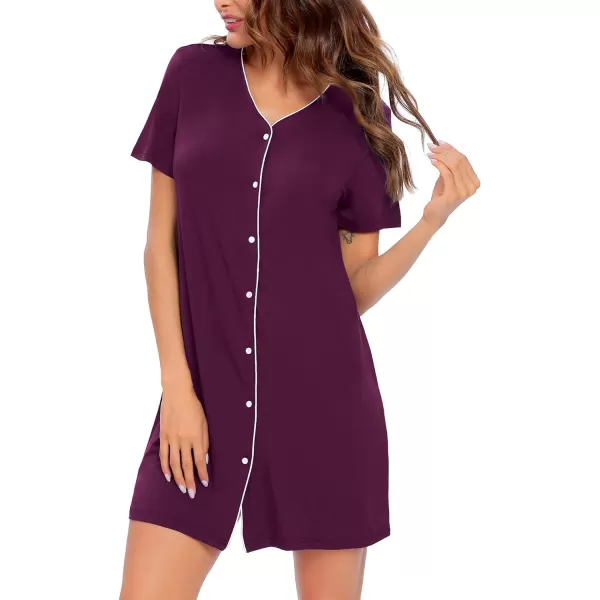 SWOMOG Womens Button Down Nightgown Short Sleeve Nightshirt VNeck Sleepwear Boyfriend Sleepshirt Pajama DressWineberry