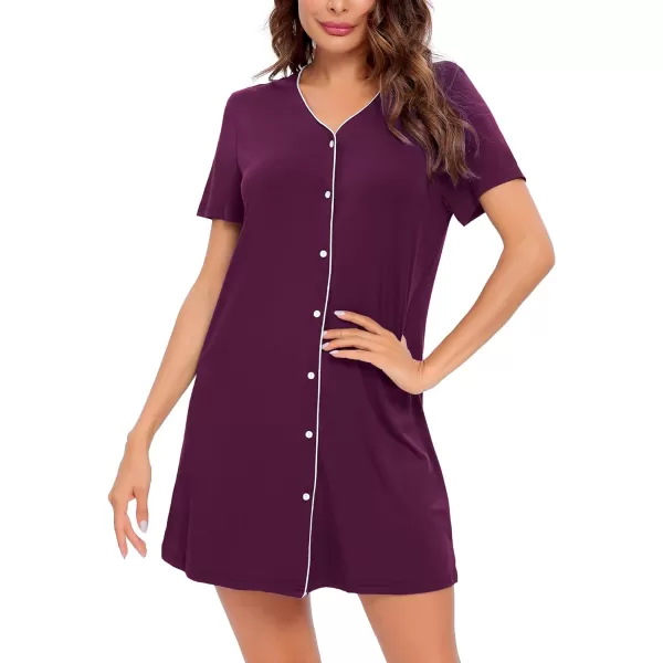 SWOMOG Womens Button Down Nightgown Short Sleeve Nightshirt VNeck Sleepwear Boyfriend Sleepshirt Pajama DressWineberry