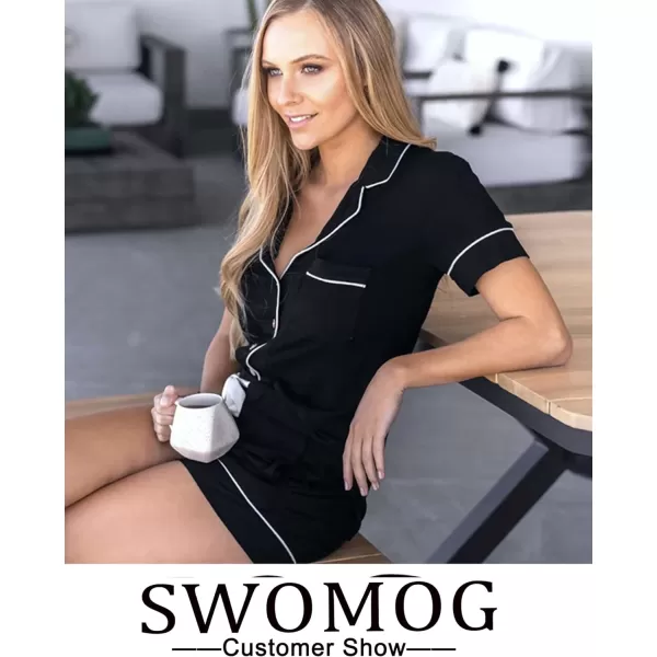 SWOMOG Womens Button Down Pajamas Set Short Sleeve Sleepwear Bride Soft Pj Lounge Sets SXXLA Black Piping Trim