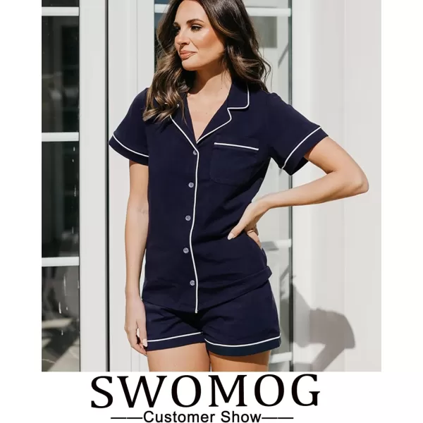 SWOMOG Womens Button Down Pajamas Set Short Sleeve Sleepwear Bride Soft Pj Lounge Sets SXXLNavy Blue