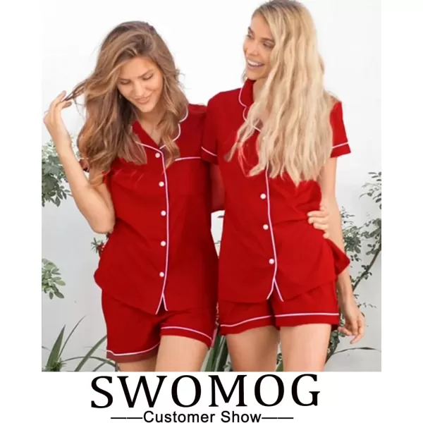 SWOMOG Womens Button Down Pajamas Set Short Sleeve Sleepwear Bride Soft Pj Lounge Sets SXXLRed