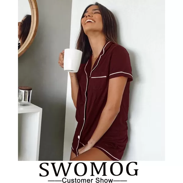 SWOMOG Womens Button Down Pajamas Set Short Sleeve Sleepwear Bride Soft Pj Lounge Sets SXXLWine Red