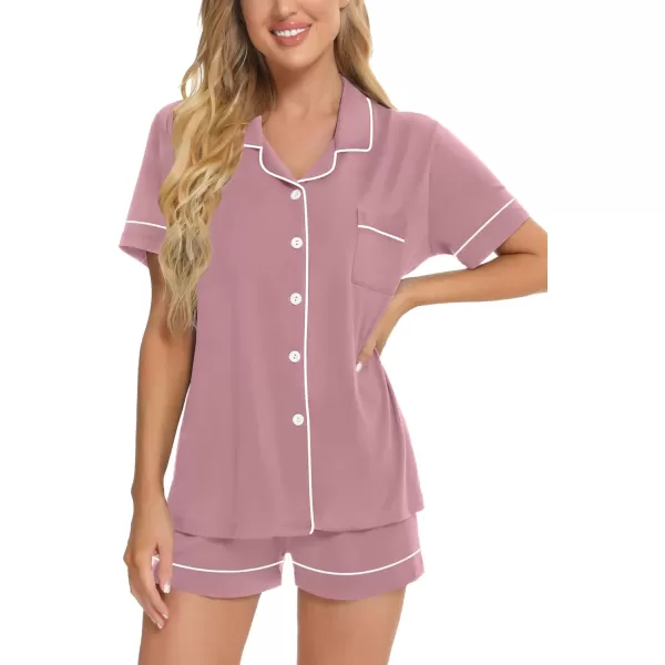 SWOMOG Womens Button Down Pajamas Set Short Sleeve Sleepwear Bride Soft Pj Lounge Sets SXXLZ Taro Purple Piping Trim