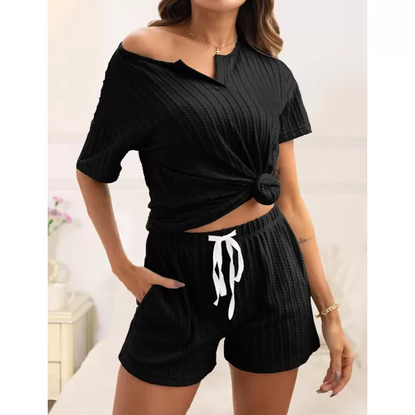 SWOMOG Womens Lounge Sets 2 Piece Ribbed Knit Pajama Set Short Sleeve Top amp Shorts Sweatsuit with PocketsBlack