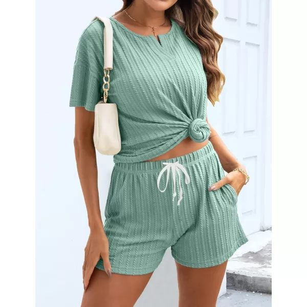 SWOMOG Womens Lounge Sets 2 Piece Ribbed Knit Pajama Set Short Sleeve Top amp Shorts Sweatsuit with PocketsGreen