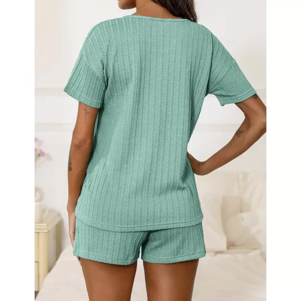 SWOMOG Womens Lounge Sets 2 Piece Ribbed Knit Pajama Set Short Sleeve Top amp Shorts Sweatsuit with PocketsGreen