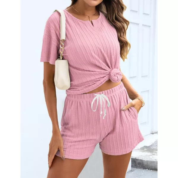 SWOMOG Womens Lounge Sets 2 Piece Ribbed Knit Pajama Set Short Sleeve Top amp Shorts Sweatsuit with PocketsPink