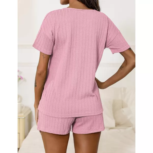 SWOMOG Womens Lounge Sets 2 Piece Ribbed Knit Pajama Set Short Sleeve Top amp Shorts Sweatsuit with PocketsPink