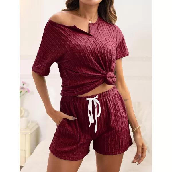 SWOMOG Womens Lounge Sets 2 Piece Ribbed Knit Pajama Set Short Sleeve Top amp Shorts Sweatsuit with PocketsWine Red