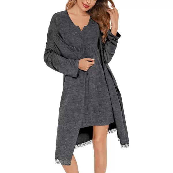 SWOMOG Womens Maternity Nursing Gown and Robe Set 3 in 1 Labor Delivery Nightgown Hospital Bathrobe for BreastfeedingBdeep Grey