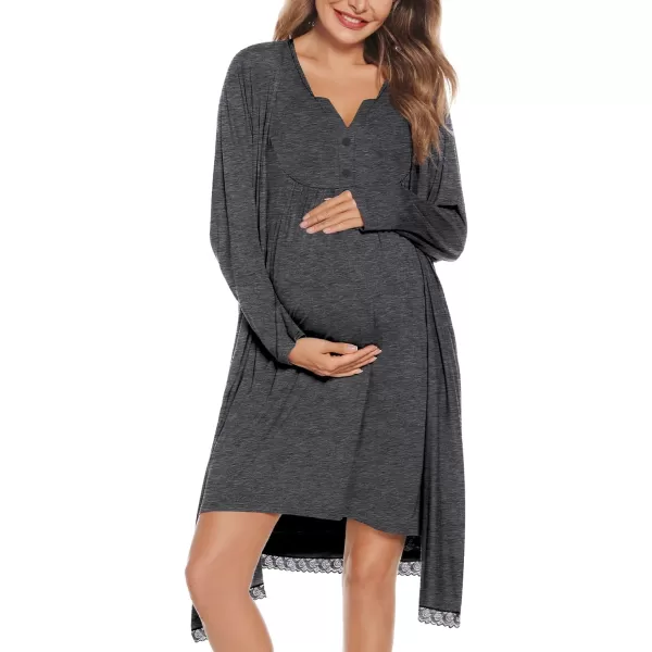 SWOMOG Womens Maternity Nursing Gown and Robe Set 3 in 1 Labor Delivery Nightgown Hospital Bathrobe for BreastfeedingBdeep Grey