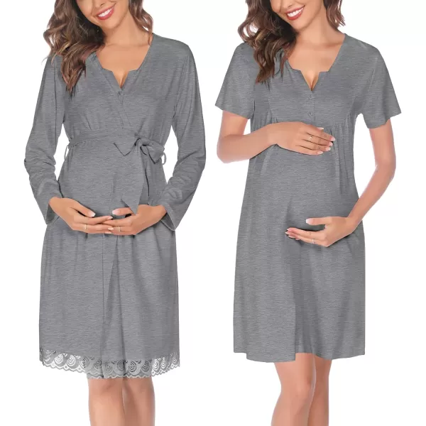 SWOMOG Womens Maternity Nursing Gown and Robe Set 3 in 1 Labor Delivery Nightgown Hospital Bathrobe for BreastfeedingBgrey