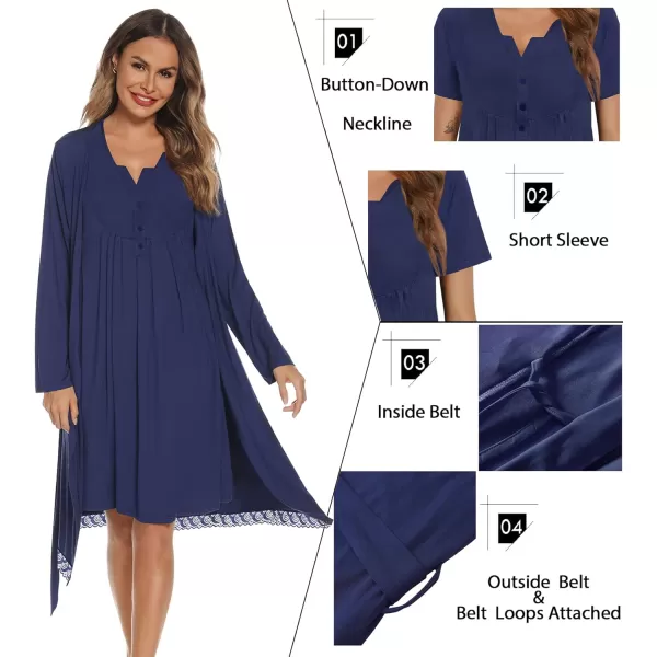 SWOMOG Womens Maternity Nursing Gown and Robe Set 3 in 1 Labor Delivery Nightgown Hospital Bathrobe for BreastfeedingBnavy Blue