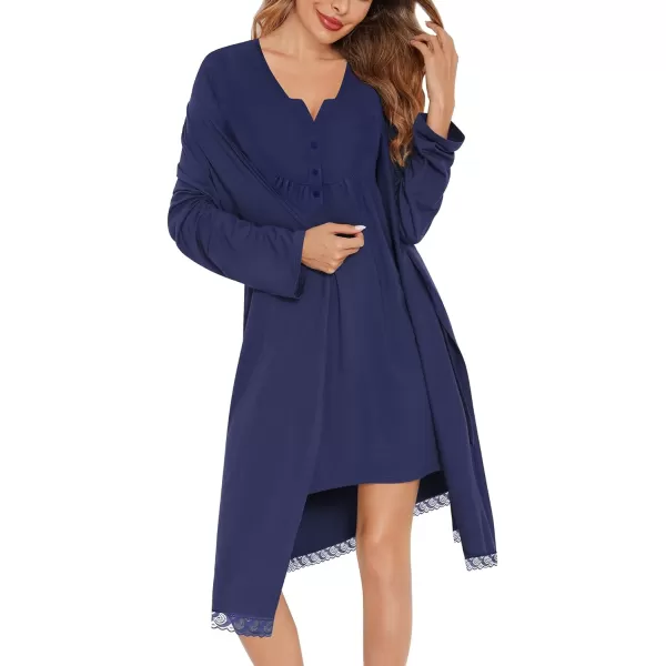 SWOMOG Womens Maternity Nursing Gown and Robe Set 3 in 1 Labor Delivery Nightgown Hospital Bathrobe for BreastfeedingBnavy Blue