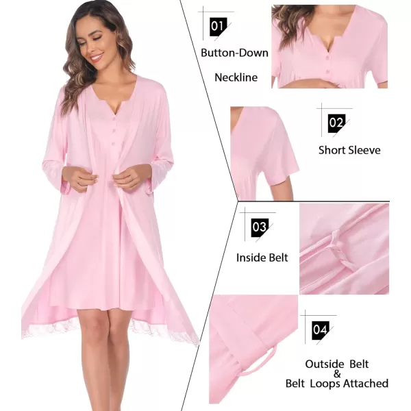 SWOMOG Womens Maternity Nursing Gown and Robe Set 3 in 1 Labor Delivery Nightgown Hospital Bathrobe for BreastfeedingBpink