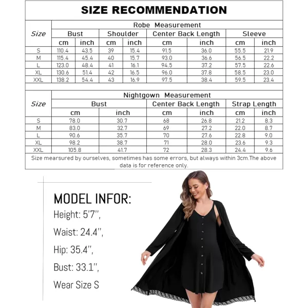 SWOMOG Womens Maternity Nursing Nightgown and Lace Robe Set 3 in 1 Labor Delivery Button Down Nursing Dress 2 Piece SleepwearBlack