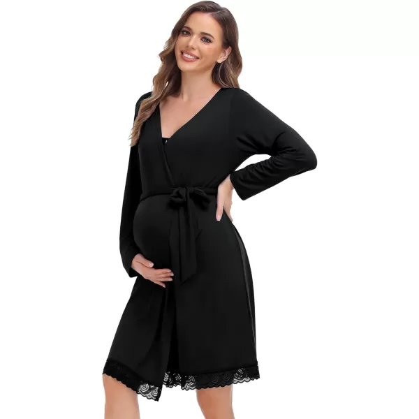 SWOMOG Womens Maternity Nursing Nightgown and Lace Robe Set 3 in 1 Labor Delivery Button Down Nursing Dress 2 Piece SleepwearBlack