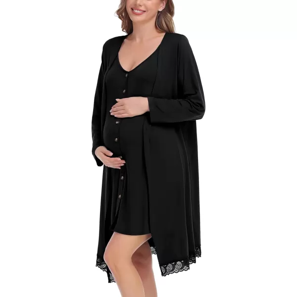 SWOMOG Womens Maternity Nursing Nightgown and Lace Robe Set 3 in 1 Labor Delivery Button Down Nursing Dress 2 Piece SleepwearBlack