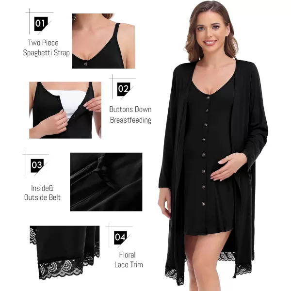 SWOMOG Womens Maternity Nursing Nightgown and Lace Robe Set 3 in 1 Labor Delivery Button Down Nursing Dress 2 Piece SleepwearBlack