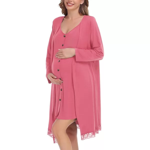 SWOMOG Womens Maternity Nursing Nightgown and Lace Robe Set 3 in 1 Labor Delivery Button Down Nursing Dress 2 Piece SleepwearCoral