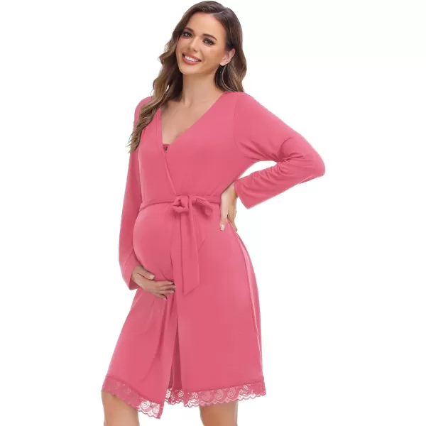 SWOMOG Womens Maternity Nursing Nightgown and Lace Robe Set 3 in 1 Labor Delivery Button Down Nursing Dress 2 Piece SleepwearCoral