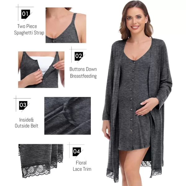 SWOMOG Womens Maternity Nursing Nightgown and Lace Robe Set 3 in 1 Labor Delivery Button Down Nursing Dress 2 Piece SleepwearDeep Grey