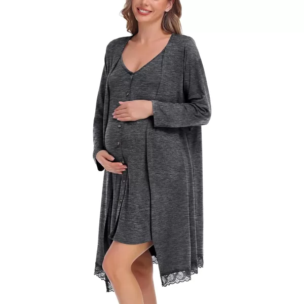 SWOMOG Womens Maternity Nursing Nightgown and Lace Robe Set 3 in 1 Labor Delivery Button Down Nursing Dress 2 Piece SleepwearDeep Grey