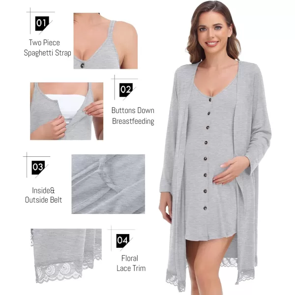 SWOMOG Womens Maternity Nursing Nightgown and Lace Robe Set 3 in 1 Labor Delivery Button Down Nursing Dress 2 Piece SleepwearGrey