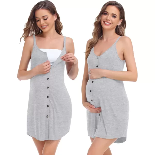 SWOMOG Womens Maternity Nursing Nightgown and Lace Robe Set 3 in 1 Labor Delivery Button Down Nursing Dress 2 Piece SleepwearGrey