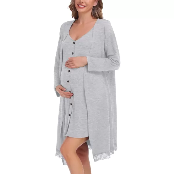 SWOMOG Womens Maternity Nursing Nightgown and Lace Robe Set 3 in 1 Labor Delivery Button Down Nursing Dress 2 Piece SleepwearGrey