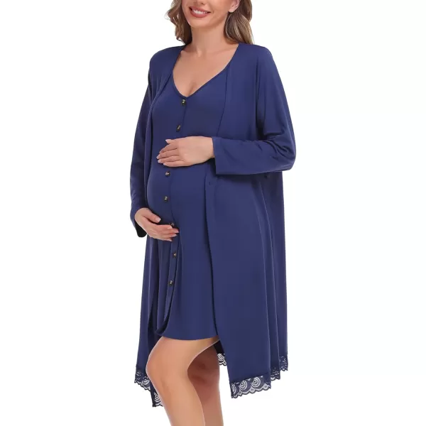 SWOMOG Womens Maternity Nursing Nightgown and Lace Robe Set 3 in 1 Labor Delivery Button Down Nursing Dress 2 Piece SleepwearNavy Blue