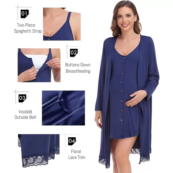 SWOMOG Womens Maternity Nursing Nightgown and Lace Robe Set 3 in 1 Labor Delivery Button Down Nursing Dress 2 Piece SleepwearNavy Blue