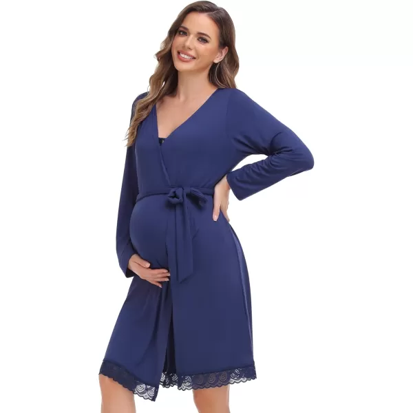 SWOMOG Womens Maternity Nursing Nightgown and Lace Robe Set 3 in 1 Labor Delivery Button Down Nursing Dress 2 Piece SleepwearNavy Blue