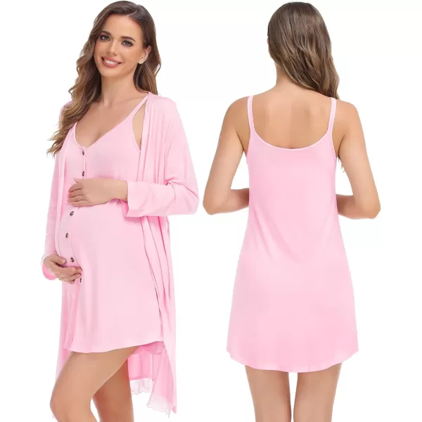 SWOMOG Womens Maternity Nursing Nightgown and Lace Robe Set 3 in 1 Labor Delivery Button Down Nursing Dress 2 Piece SleepwearPink