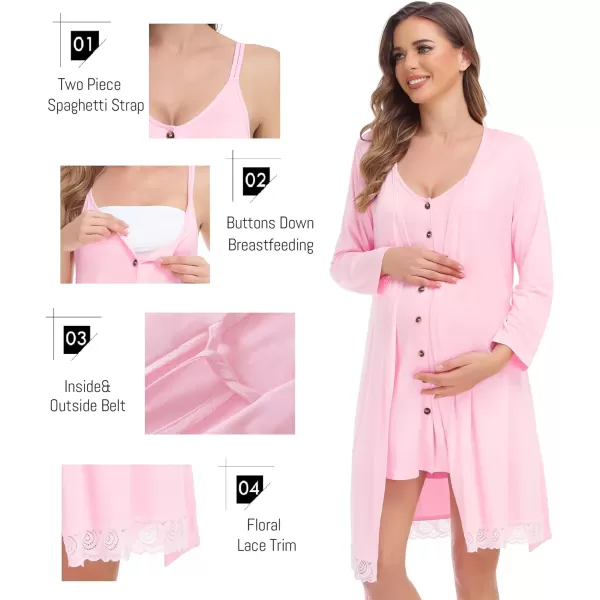 SWOMOG Womens Maternity Nursing Nightgown and Lace Robe Set 3 in 1 Labor Delivery Button Down Nursing Dress 2 Piece SleepwearPink