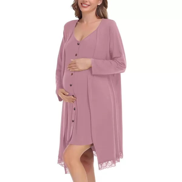 SWOMOG Womens Maternity Nursing Nightgown and Lace Robe Set 3 in 1 Labor Delivery Button Down Nursing Dress 2 Piece SleepwearTaro Purple