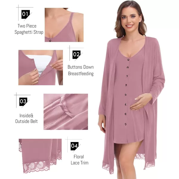 SWOMOG Womens Maternity Nursing Nightgown and Lace Robe Set 3 in 1 Labor Delivery Button Down Nursing Dress 2 Piece SleepwearTaro Purple