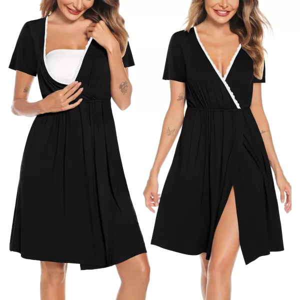 SWOMOG Womens Maternity Nursing Nightgown and Robe Set 3 in 1 Labor Delivery Gown for Breastfeeding Hospital BathrobeBlack