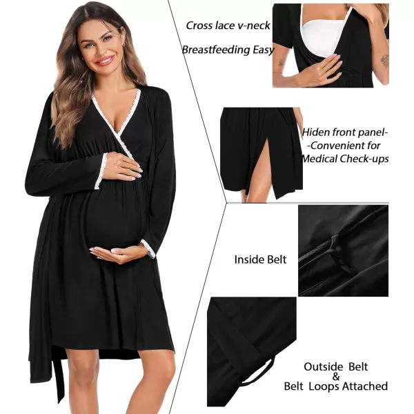 SWOMOG Womens Maternity Nursing Nightgown and Robe Set 3 in 1 Labor Delivery Gown for Breastfeeding Hospital BathrobeBlack