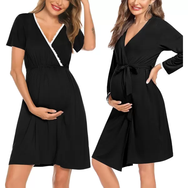 SWOMOG Womens Maternity Nursing Nightgown and Robe Set 3 in 1 Labor Delivery Gown for Breastfeeding Hospital BathrobeBlack