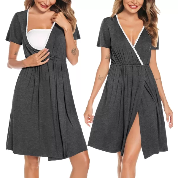 SWOMOG Womens Maternity Nursing Nightgown and Robe Set 3 in 1 Labor Delivery Gown for Breastfeeding Hospital BathrobeDark Gray