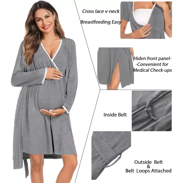 SWOMOG Womens Maternity Nursing Nightgown and Robe Set 3 in 1 Labor Delivery Gown for Breastfeeding Hospital BathrobeGray