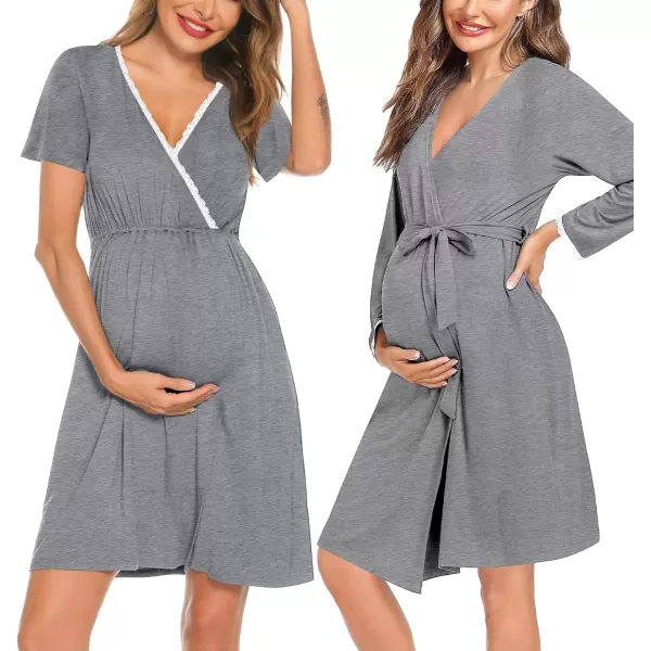 SWOMOG Womens Maternity Nursing Nightgown and Robe Set 3 in 1 Labor Delivery Gown for Breastfeeding Hospital BathrobeGray