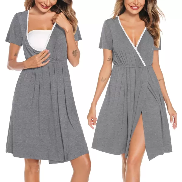 SWOMOG Womens Maternity Nursing Nightgown and Robe Set 3 in 1 Labor Delivery Gown for Breastfeeding Hospital BathrobeGray