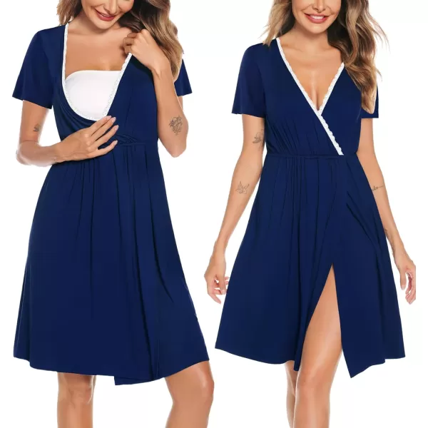 SWOMOG Womens Maternity Nursing Nightgown and Robe Set 3 in 1 Labor Delivery Gown for Breastfeeding Hospital BathrobeNavy Blue