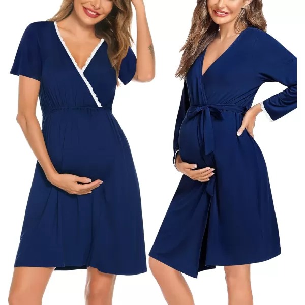 SWOMOG Womens Maternity Nursing Nightgown and Robe Set 3 in 1 Labor Delivery Gown for Breastfeeding Hospital BathrobeNavy Blue