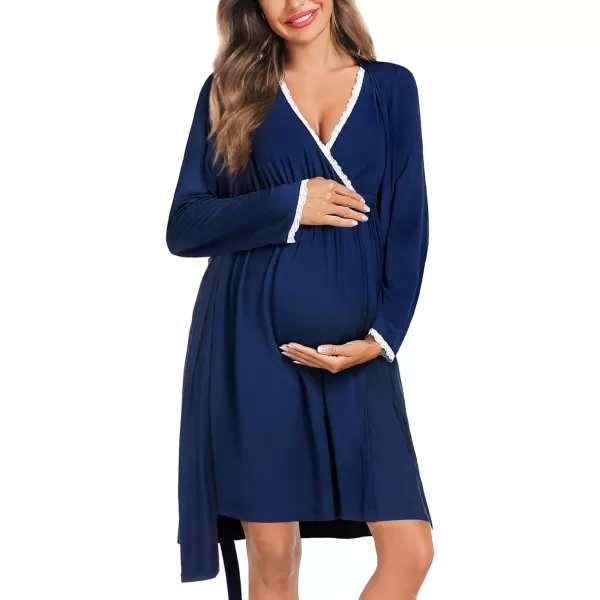 SWOMOG Womens Maternity Nursing Nightgown and Robe Set 3 in 1 Labor Delivery Gown for Breastfeeding Hospital BathrobeNavy Blue