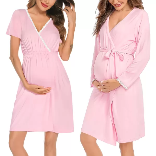 SWOMOG Womens Maternity Nursing Nightgown and Robe Set 3 in 1 Labor Delivery Gown for Breastfeeding Hospital BathrobePink